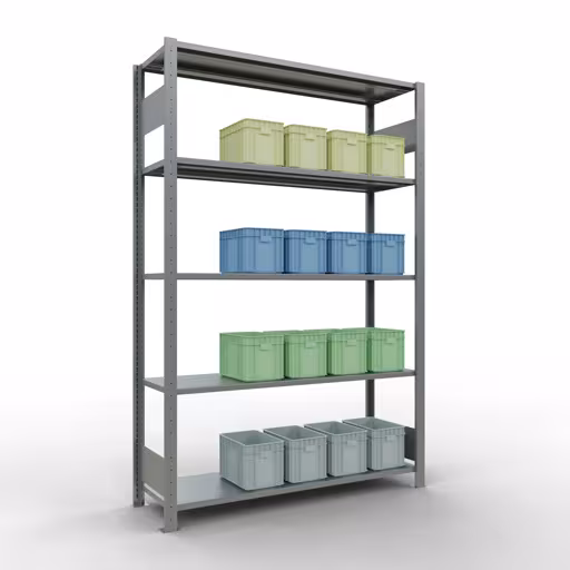 Grundregal, Fachbodenregal Stecksystem MULTIplus150, 2000 x 1300 x 400 mm (HxBxT), 5 Fachböden, Längenriegel, verzinkt mit der Artikelnr. 12740-130-LR Grundregal, Fachbodenregal Stecksystem MULTIplus150, 2000 x 1300 x 400 mm (HxBxT), 5 Fachböden, Längenriegel, verzinkt von Schulte Lagertechnik aus der Kategorie Stecksystem