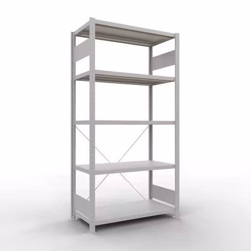 Grundregal, Fachbodenregal Stecksystem MULTIplus330, 2000 x 1000 x 500 mm (HxBxT), 5 Fachböden, Kreuzstrebe, RAL 7035 lichtgrau von der Marke Schulte Lagertechnik Grundregal, Fachbodenregal Stecksystem MULTIplus330, 2000 x 1000 x 500 mm (HxBxT), 5 Fachböden, Kreuzstrebe, RAL 7035 lichtgrau aus der Kategorie Grundregal mit der Artikelnummer 33850