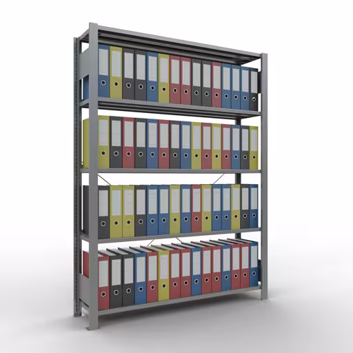 Grundregal, Büro-Fachbodenregal Stecksystem MULTIplus85, 1800 x 1300 x 300 mm (HxBxT), 5 Fachböden, Kreuzstrebe, verzinkt, mit Anschlagleiste von der Marke Schulte Lagertechnik aus der Produktreihe Büroregale