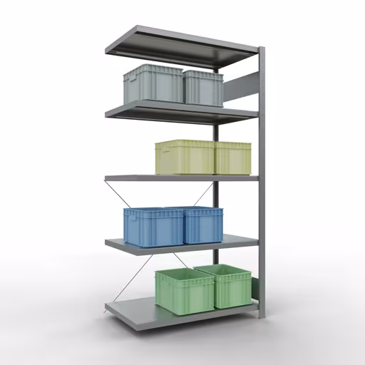 Produktbild Nr 15 des Artikels Anbauregal, Fachbodenregal Stecksystem MULTIplus330, 2000 x 1000 x 600 mm (HxBxT), 5 Fachböden, Kreuzstrebe, verzinkt Abbildung Nr 15 des Artikels Anbauregal, Fachbodenregal Stecksystem MULTIplus330, 2000 x 1000 x 600 mm (HxBxT), 5 Fachböden, Kreuzstrebe, verzinkt aus der Produktgruppe Stecksystem von der Marke Schulte Lagertechnik