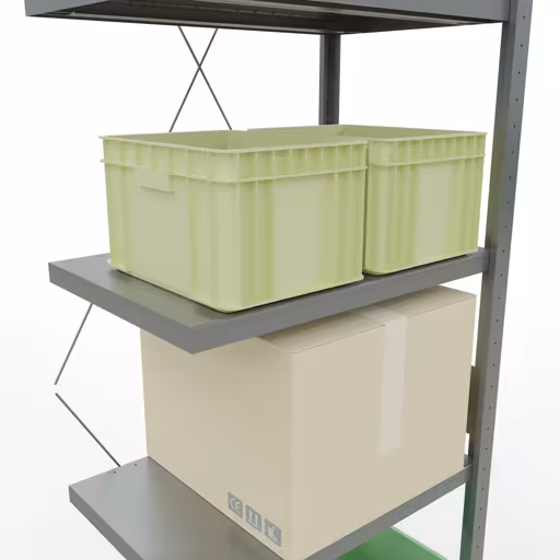 Zusatzbild des Artikels Anbauregal, Fachbodenregal Stecksystem MULTIplus250, 3000 x 750 x 500 mm (HxBxT), 7 Fachböden, Kreuzstrebe, verzinkt aus Anbauregal