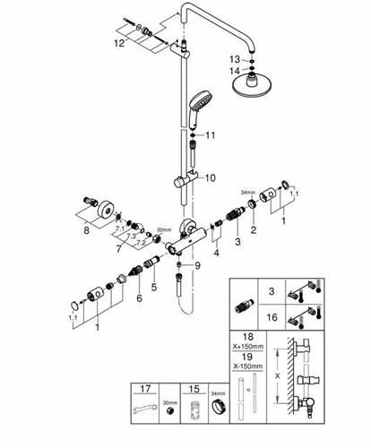 Technische Zeichnung 4037516 GROHE Duschsystem Tempesta C 160 27922 mit Thermostat 390 mm Duscharm chrom