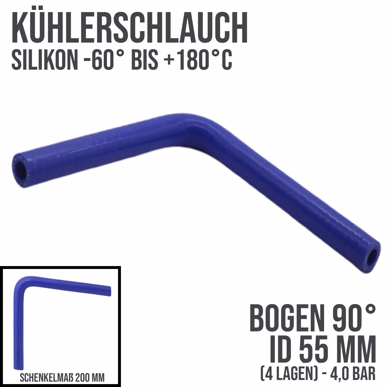 54 x 64 mm Kühlerschlauch Silikon Bogen 90° LLK Ladeluft Kühlmittel Schlauch blau (4,0 bar) - 200mm aus der Kategorie Kühlwasserschläuche mit der Artikelnummer KSB055-090-200GA