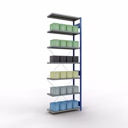 Produktbild Nr 13 des Artikels Anbauregal, Fachbodenregal Stecksystem MULTIplus330, 3000 x 1000 x 400 mm (HxBxT), 7 Fachböden, Kreuzstrebe, RAL 5010 enzianblau/verzinkt Abbildung Nr 13 des Artikels Anbauregal, Fachbodenregal Stecksystem MULTIplus330, 3000 x 1000 x 400 mm (HxBxT), 7 Fachböden, Kreuzstrebe, RAL 5010 enzianblau/verzinkt aus der Produktgruppe Stecksystem von der Marke Schulte Lagertechnik