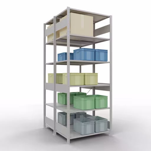 Grundregal, Doppelregal, Fachbodenregal Stecksystem MULTIplus150, 2500 x 1000 x (2x600) mm (HxBxT), 2x6 Fachböden, Kreuzstrebe, RAL 7035 lichtgrau mit der GTIN 4004514208378 Grundregal, Doppelregal, Fachbodenregal Stecksystem MULTIplus150, 2500 x 1000 x (2x600) mm (HxBxT), 2x6 Fachböden, Kreuzstrebe, RAL 7035 lichtgrau von Schulte Lagertechnik mit der Artikelnr. 32761