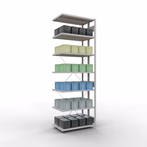 Anbauregal, Doppelregal, Fachbodenregal Stecksystem MULTIplus250, 3000 x 1000 x (2x300) mm (HxBxT), 2x7 Fachböden, Kreuzstrebe, RAL 7035 lichtgrau aus der Kategorie Doppelregale mit der GTIN 4058255035465 Anbauregal, Doppelregal, Fachbodenregal Stecksystem MULTIplus250, 3000 x 1000 x (2x300) mm (HxBxT), 2x7 Fachböden, Kreuzstrebe, RAL 7035 lichtgrau von der Marke Schulte Lagertechnik aus der Produktreihe Fachbodenregale