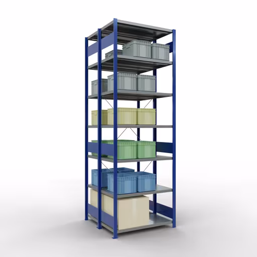 Grundregal, Doppelregal, Fachbodenregal Stecksystem MULTIplus250, 3000 x 1000 x (2x500) mm (HxBxT), 2x7 Fachböden, Kreuzstrebe, enzianblau aus der Kategorie Doppelregale mit der GTIN 4058255035526 Grundregal, Doppelregal, Fachbodenregal Stecksystem MULTIplus250, 3000 x 1000 x (2x500) mm (HxBxT), 2x7 Fachböden, Kreuzstrebe, enzianblau von der Marke Schulte Lagertechnik aus der Produktreihe Fachbodenregale