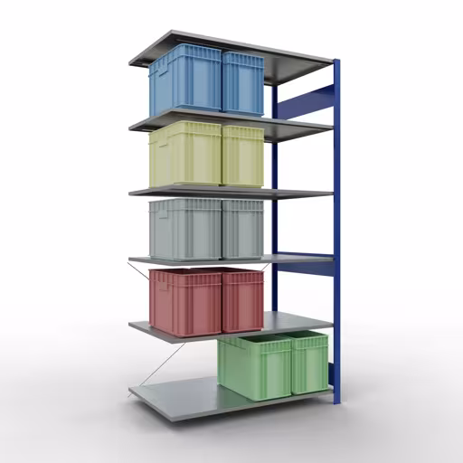 Anbauregal, Fachbodenregal Stecksystem MULTIplus150, 2500 x 1300 x 800 mm (HxBxT), 6 Fachböden, Kreuzstrebe, RAL 5010 enzianblau/verzinkt mit der GTIN 4004514281555 Anbauregal, Fachbodenregal Stecksystem MULTIplus150, 2500 x 1300 x 800 mm (HxBxT), 6 Fachböden, Kreuzstrebe, RAL 5010 enzianblau/verzinkt von Schulte Lagertechnik mit der Artikelnr. 12786-130-B