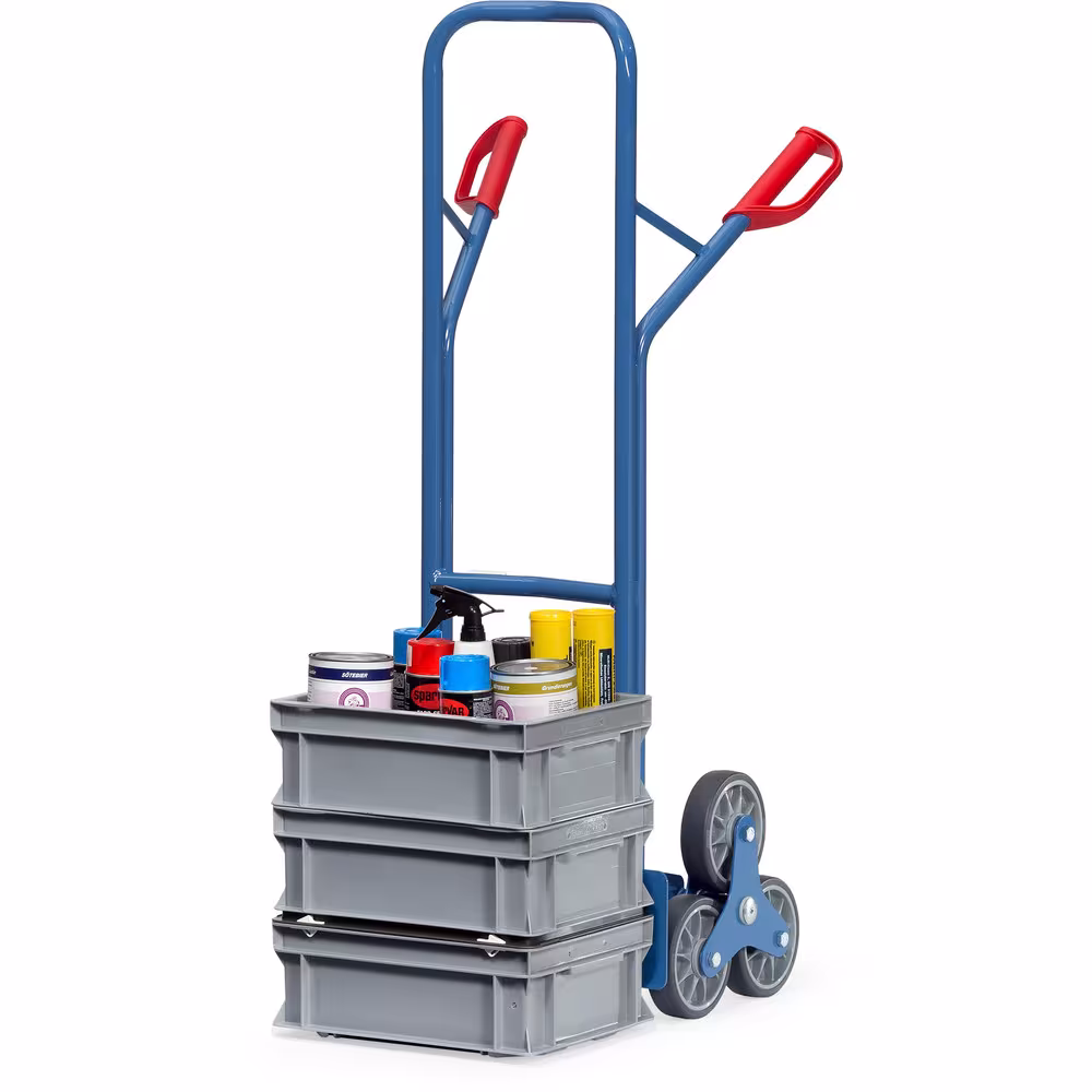 Produktgruppe Treppenkarre 3-Rad pulverbeschichtet, nur blau RAL 5007. Sicherheitsgriffe, mit 2 dreiarmigen Rad-Sternen Treppenkarre TK1325 Schaufelbreite 320 mm, Schaufeltiefe 250 mm von der Marke Fetra aus der Kategorie Transportsysteme