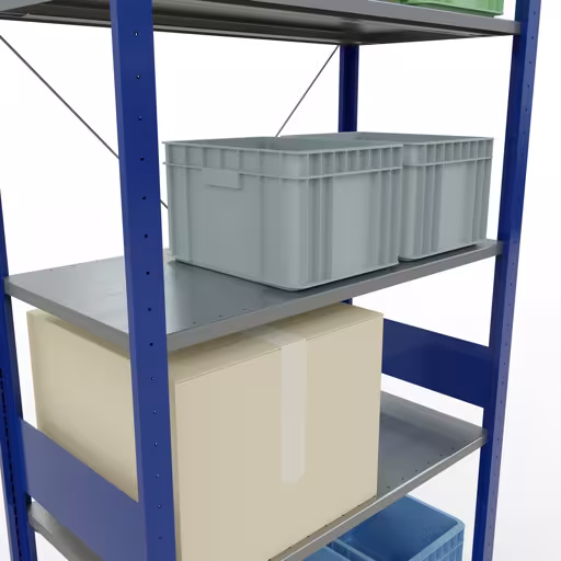 Grundregal, Fachbodenregal Stecksystem MULTIplus150, 3000 x 1000 x 500 mm (HxBxT), 7 Fachböden, Kreuzstrebe, RAL 5010/verzinkt mit der GTIN 4004514280541 Grundregal, Fachbodenregal Stecksystem MULTIplus150, 3000 x 1000 x 500 mm (HxBxT), 7 Fachböden, Kreuzstrebe, RAL 5010/verzinkt von Schulte Lagertechnik mit der Artikelnr. 12752-B