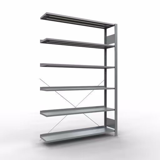 Abbildung Nr 13 des Artikels Anbauregal, Büro-Fachbodenregal Stecksystem MULTIplus85, 2000 x 1300 x 300 mm (HxBxT), 6 Fachböden, Kreuzstrebe, verzinkt, mit Anschlagleiste aus der Produktgruppe Büroregale von der Marke Schulte Lagertechnik