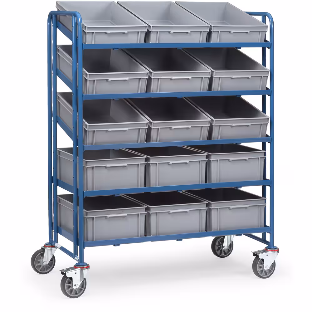 Eurokastenwagen 1398 - mit 15 Kästen pulverbeschichtet blau RAL 5007, Schraubkonstruktion, variabel einschraubbare Etagen, Raster 100 mm aus der Kategorie Etagenwagen mit der Artikelnummer 1398
