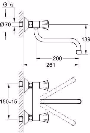 Technische Zeichnung 3974667 GROHE 2-Griff-Spültischbatterie Costa 31187 DN 15 Wandmontage chrom