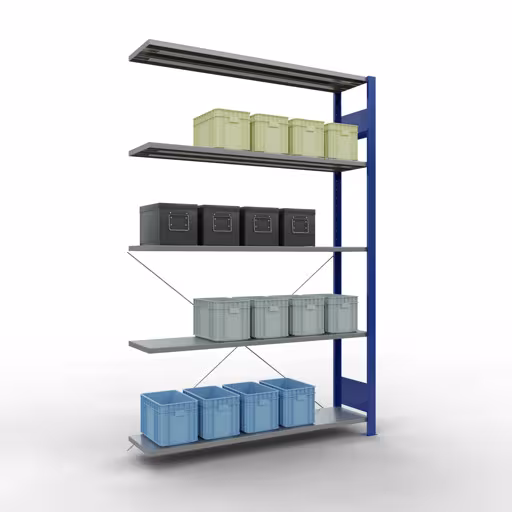 Anbauregal, Fachbodenregal Stecksystem MULTIplus150, 2000 x 1300 x 300 mm (HxBxT), 5 Fachböden, Kreuzstrebe, RAL 5010 enzianblau/verzinkt aus der Kategorie Anbauregal mit der GTIN 4004514279668 Anbauregal, Fachbodenregal Stecksystem MULTIplus150, 2000 x 1300 x 300 mm (HxBxT), 5 Fachböden, Kreuzstrebe, RAL 5010 enzianblau/verzinkt von der Marke Schulte Lagertechnik aus der Produktreihe Stecksystem