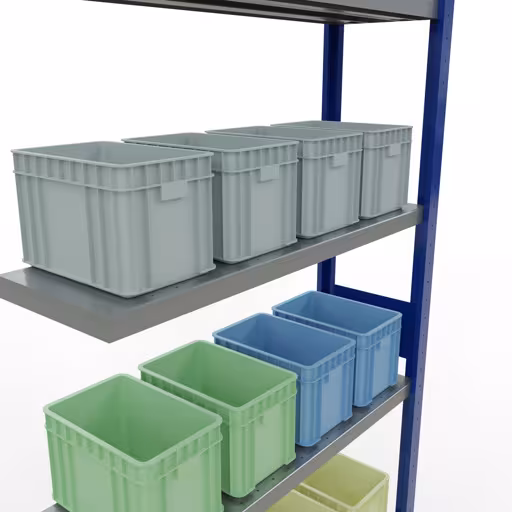 Zusatzbild des Artikels Anbauregal, Fachbodenregal Stecksystem MULTIplus330, 3000 x 1000 x 300 mm (HxBxT), 7 Fachböden, Längenriegel, RAL 5010 enzianblau/verzinkt aus Anbauregal