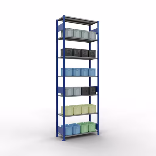 Zusatzbild des Artikels Grundregal, Fachbodenregal Stecksystem MULTIplus150, 3000 x 1000 x 400 mm (HxBxT), 7 Fachböden, Längenriegel, RAL 5010 enzianblau/verzinkt Zusatzbild des Artikels Grundregal, Fachbodenregal Stecksystem MULTIplus150, 3000 x 1000 x 400 mm (HxBxT), 7 Fachböden, Längenriegel, RAL 5010 enzianblau/verzinkt aus Grundregal