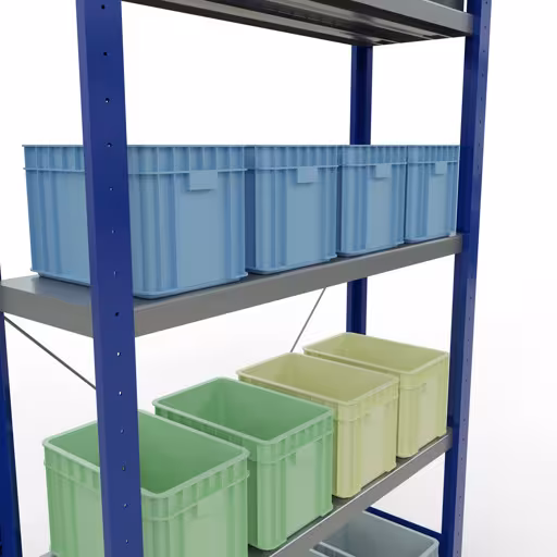 Grundregal, Fachbodenregal Stecksystem MULTIplus250, 2000 x 1000 x 300 mm (HxBxT), 5 Fachböden, Kreuzstrebe, RAL 5010 enzianblau/verzinkt mit der Artikelnr. 12930-B Grundregal, Fachbodenregal Stecksystem MULTIplus250, 2000 x 1000 x 300 mm (HxBxT), 5 Fachböden, Kreuzstrebe, RAL 5010 enzianblau/verzinkt von Schulte Lagertechnik aus der Kategorie Stecksystem