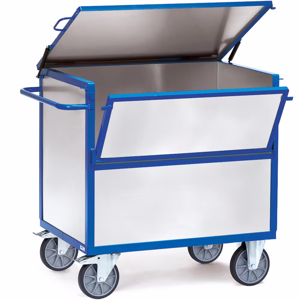 Blechkastenwagen Deckel pulverbeschichtet blau RAL 5007, Boden aus Stahlblech, pulverbeschichtet, Winkelstahl-Konstruktion von der Marke Fetra aus der Kategorie Wagen