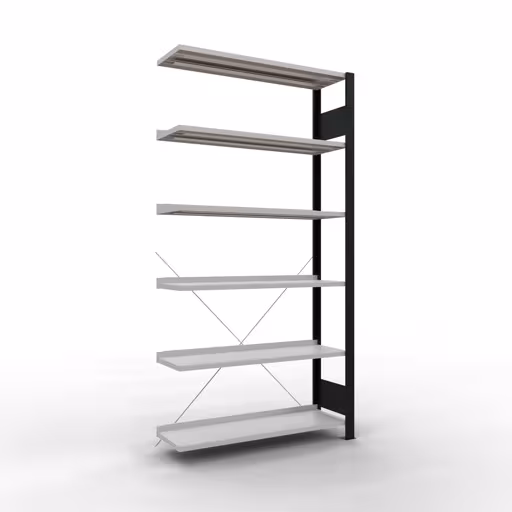 Anbauregal, Büro-Fachbodenregal Stecksystem MULTIplus85, 2000 x 1000 x 300 mm (HxBxT), 6 Fachböden, Kreuzstrebe, mit Anschlagleiste, schwarz/lichtgrau aus der Kategorie Stecksystem mit der Artikelnummer 36010-S