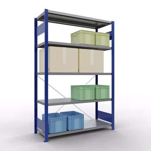 Produktbild Nr 15 des Artikels Grundregal, Fachbodenregal Stecksystem MULTIplus250, 2000 x 1300 x 500 mm (HxBxT), 5 Fachböden, Kreuzstrebe, RAL 5010 enzianblau/verzinkt Abbildung Nr 15 des Artikels Grundregal, Fachbodenregal Stecksystem MULTIplus250, 2000 x 1300 x 500 mm (HxBxT), 5 Fachböden, Kreuzstrebe, RAL 5010 enzianblau/verzinkt aus der Produktgruppe Stecksystem von der Marke Schulte Lagertechnik