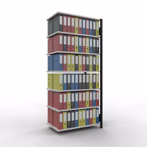 Anbauregal, Büro-Fachbodenregal Stecksystem MULTIplus150, 2300 x 1000 x 600 mm (HxBxT), 7 Fachböden, Längenriegel, mit Mittelanschlag, schwarz/lichtgrau von Schulte Lagertechnik mit der Artikelnr. 36052-S