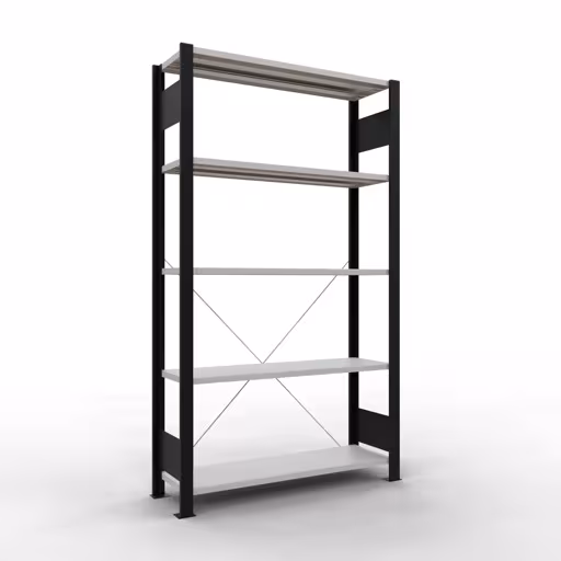 Grundregal, Büro-Fachbodenregal Stecksystem MULTIplus85, 1800 x 1000 x 300 mm (HxBxT), 5 Fachböden, Kreuzstrebe, ohne Anschlagleiste, schwarz/lichtgrau aus der Kategorie Stecksystem mit der Artikelnummer 36019-S