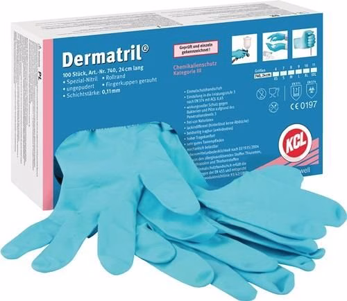 Gants jetables Dermatril 740 en nitrile, boîte de 100, marque HONEYWELL, référence 4000371728.