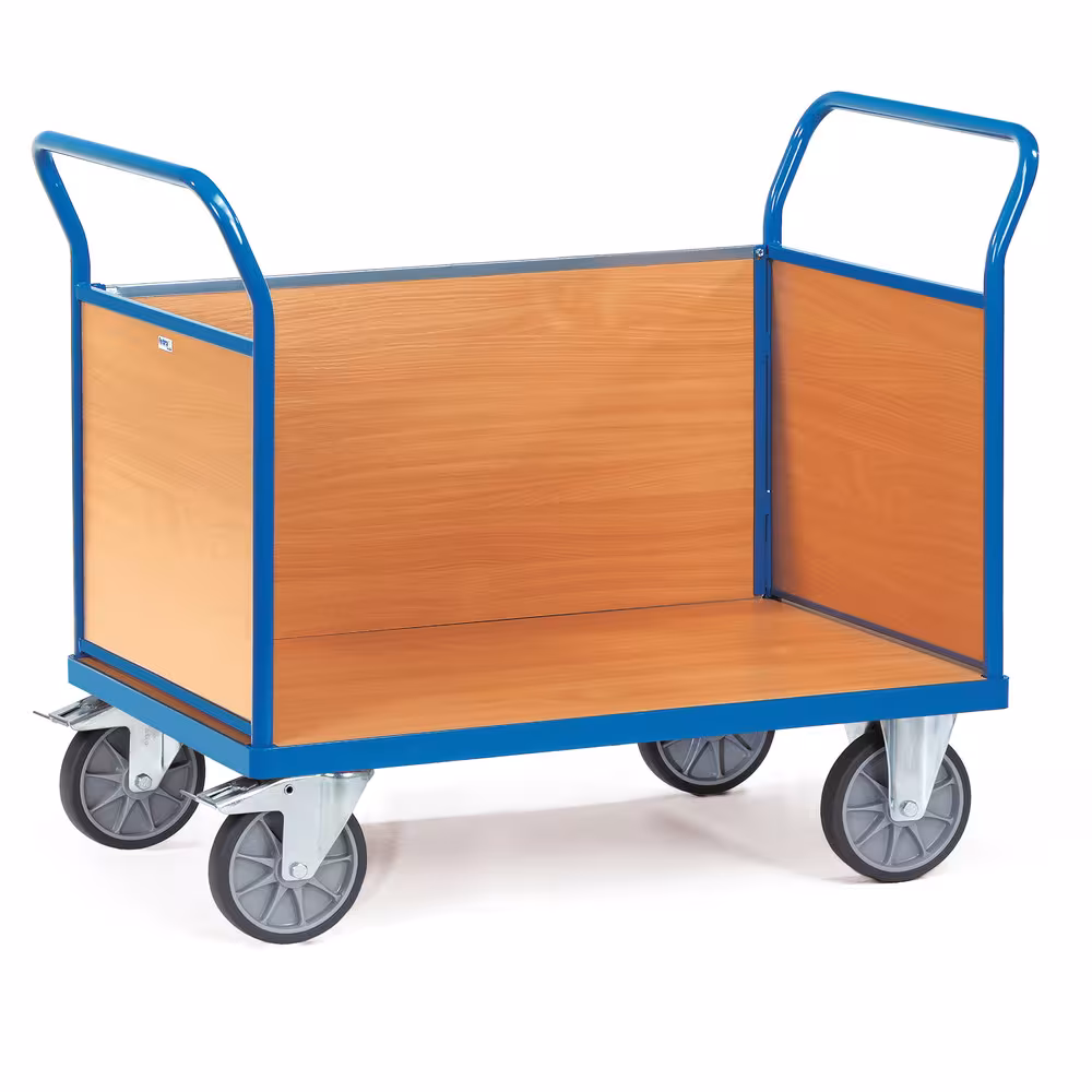 Dreiwandwagen Holz pulverbeschichtet RAL 5007, Plattform Holzwerkstoffplatte, Oberfläche Buchendekor aus der Kategorie Wagen