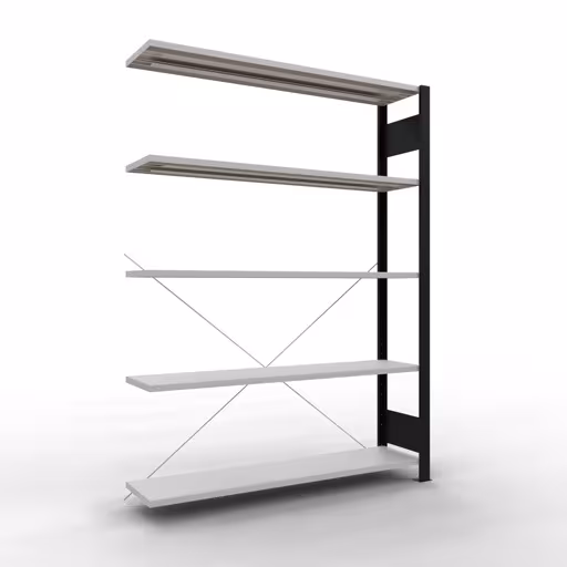 Anbauregal, Büro-Fachbodenregal Stecksystem MULTIplus85, 1800 x 1300 x 300 mm (HxBxT), 5 Fachböden, Kreuzstrebe, ohne Anschlagleiste, schwarz/lichtgrau aus der Kategorie Stecksystem mit der Artikelnummer 36023-S