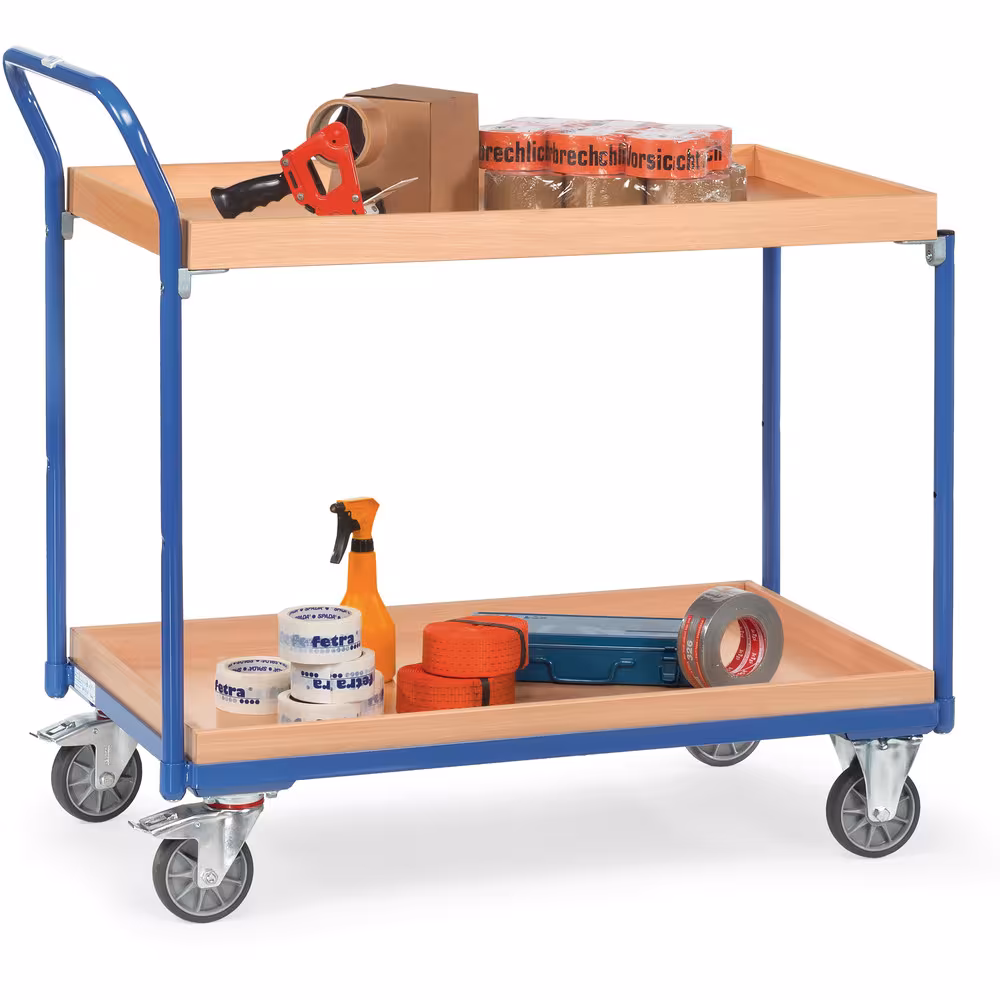 Tischwagen 300 kg 2 Etagen Stahlrohr und Profilstahl geschweißt, pulverbeschichtet brillantblau RAL 5007 Ausführung Ladeflächenbreite: 470 mm mit der GTIN 4017976037608 Tischwagen 3760 Breite 470 mm, Länge 810 mm von Fetra mit der Artikelnr. 3760