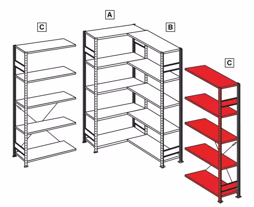 Produktbild Nr.13 des Artikels Anbauregal, Eckregal (Feld C) 2500 x 1000 x 500, 6 Fachböden, Kreuzstrebe, verzinkt aus der Produktreihe Fachbodenregale von der Marke Schulte Lagertechnik
