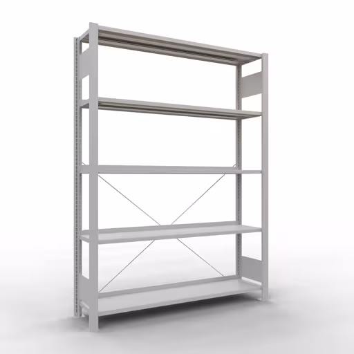 Grundregal, Büro-Fachbodenregal Stecksystem MULTIplus85, 1800 x 1300 x 300 mm (HxBxT), 5 Fachböden, Kreuzstrebe, mit Anschlagleiste, lichtgrau aus der Kategorie Stecksystem mit der Artikelnummer 36002