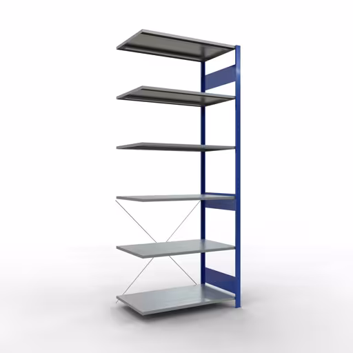 Produktbild Nr.11 des Artikels Anbauregal, Fachbodenregal Stecksystem MULTIplus150, 2500 x 1000 x 600 mm (HxBxT), 6 Fachböden, Kreuzstrebe, RAL 5010/verzinkt aus der Produktreihe Stecksystem von der Marke Schulte Lagertechnik