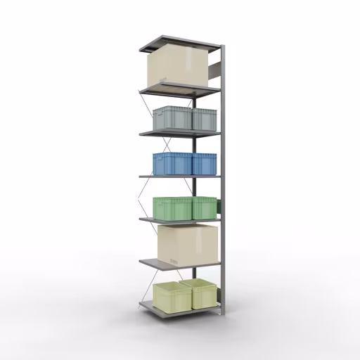 Produktbild Nr.6 des Artikels Anbauregal, Fachbodenregal Stecksystem MULTIplus150, 3000 x 750 x 600 mm (HxBxT), 7 Fachböden, Kreuzstrebe, verzinkt aus der Produktreihe Stecksystem von der Marke Schulte Lagertechnik