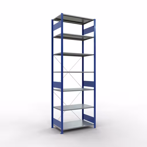 Grundregal, Fachbodenregal Stecksystem MULTIplus85, 3000 x 1000 x 600 mm (HxBxT), 7 Fachböden, Kreuzstrebe, RAL 5010 enzianblau aus der Kategorie Grundregal mit der Artikelnummer 13162-B