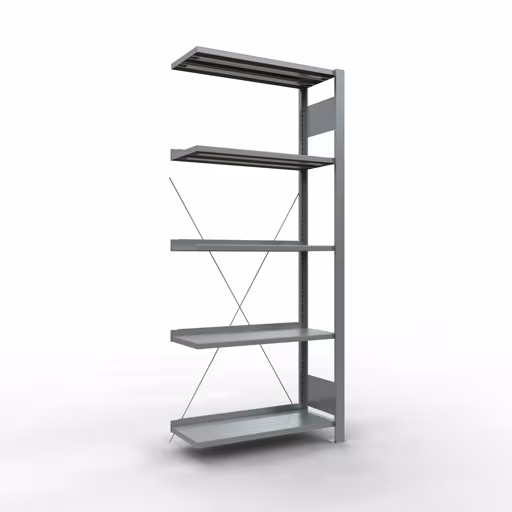 Anbauregal, Büro-Fachbodenregal Stecksystem MULTIplus85, 1800 x 750 x 300 mm (HxBxT), 5 Fachböden, Kreuzstrebe, verzinkt, mit Anschlagleiste aus der Kategorie Stecksystem mit der Artikelnummer 17703