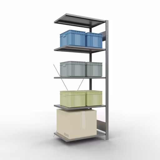 Anbauregal, Fachbodenregal Stecksystem MULTIplus150, 2000 x 750 x 500 mm (HxBxT), 5 Fachböden, Kreuzstrebe, verzinkt mit der GTIN 4004514204943 Anbauregal, Fachbodenregal Stecksystem MULTIplus150, 2000 x 750 x 500 mm (HxBxT), 5 Fachböden, Kreuzstrebe, verzinkt von Schulte Lagertechnik mit der Artikelnr. 12755-75