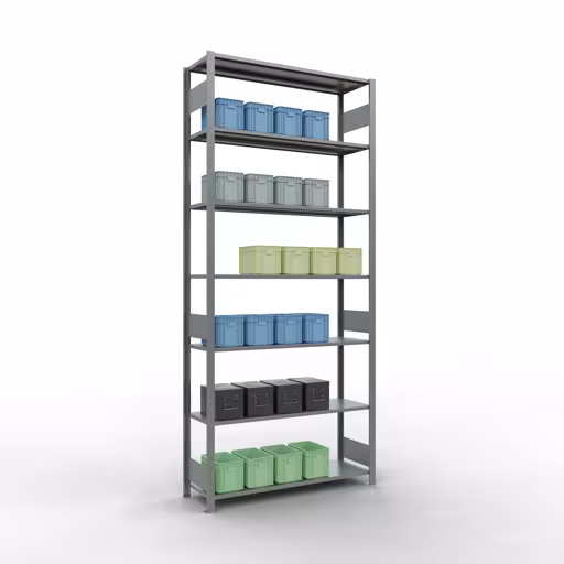 Grundregal, Fachbodenregal Stecksystem MULTIplus150, 3000 x 1300 x 400 mm (HxBxT), 7 Fachböden, Längenriegel, verzinkt aus der Kategorie Grundregal mit der GTIN 4004514280039 Grundregal, Fachbodenregal Stecksystem MULTIplus150, 3000 x 1300 x 400 mm (HxBxT), 7 Fachböden, Längenriegel, verzinkt von der Marke Schulte Lagertechnik aus der Produktreihe Stecksystem