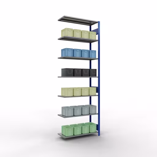 Anbauregal, Fachbodenregal Stecksystem MULTIplus150, 3000 x 1000 x 400 mm (HxBxT), 7 Fachböden, Längenriegel, RAL 5010 enzianblau/verzinkt aus der Kategorie Anbauregal mit der GTIN 4004514280305 Anbauregal, Fachbodenregal Stecksystem MULTIplus150, 3000 x 1000 x 400 mm (HxBxT), 7 Fachböden, Längenriegel, RAL 5010 enzianblau/verzinkt von der Marke Schulte Lagertechnik aus der Produktreihe Stecksystem