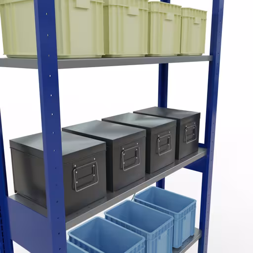 Abbildung Nr 12 des Artikels Grundregal, Fachbodenregal Stecksystem MULTIplus85, 2500 x 1000 x 300 mm (HxBxT), 6 Fachböden, Kreuzstrebe, RAL 5010 enzianblau aus der Produktgruppe Stecksystem von der Marke Schulte Lagertechnik