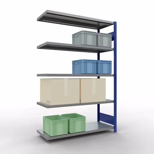 Abbildung Nr 9 des Artikels Anbauregal, Fachbodenregal Stecksystem MULTIplus250, 2000 x 1300 x 500 mm (HxBxT), 5 Fachböden, Längenriegel, RAL 5010 enzianblau/verzinkt aus der Produktgruppe Stecksystem von der Marke Schulte Lagertechnik