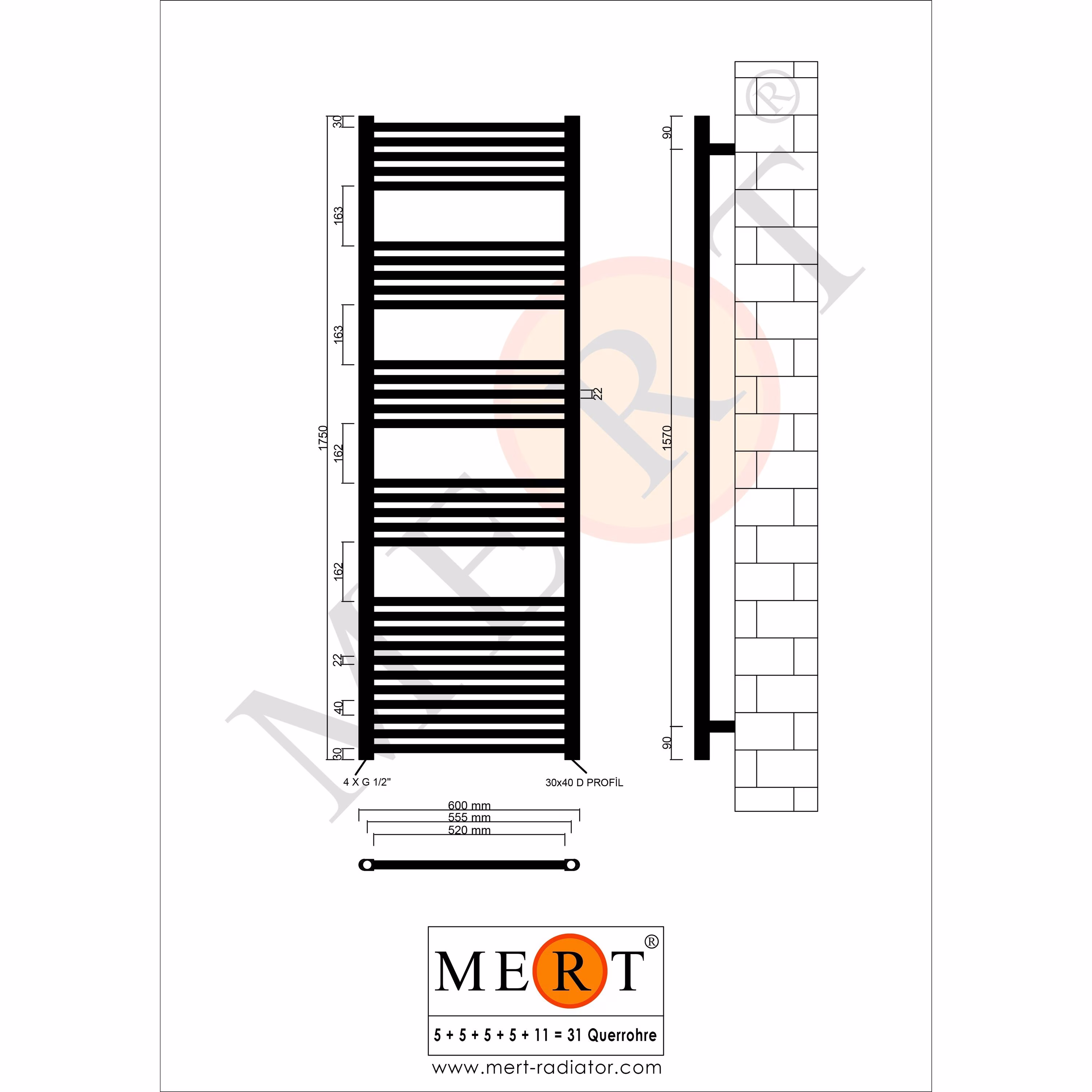 MERT Austausch Badheizkörper S, weiß gerade, 600x1750mm, Standard re/li Anschluss