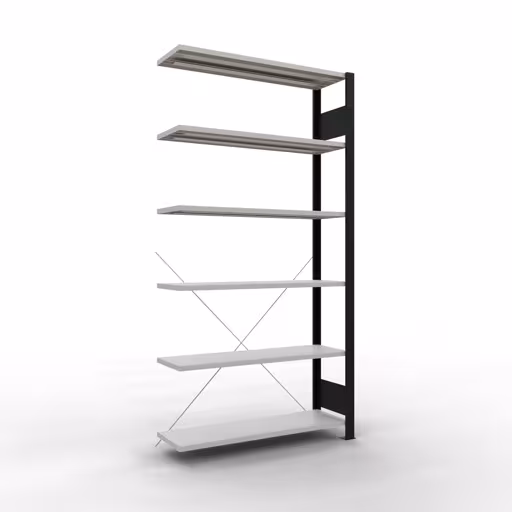 Anbauregal, Büro-Fachbodenregal Stecksystem MULTIplus85, 2000 x 1000 x 300 mm (HxBxT), 6 Fachböden, Kreuzstrebe, ohne Anschlagleiste, schwarz/lichtgrau aus der Kategorie Stecksystem mit der Artikelnummer 36028-S