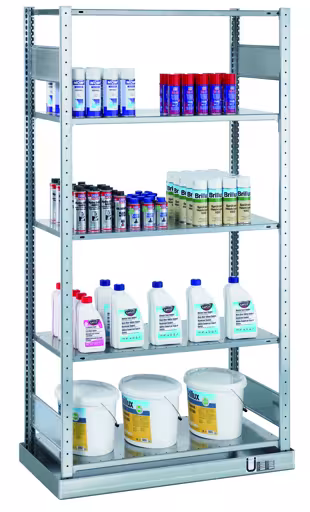 Grundregal, Kleingebinderegal MULTIplus150, 2000 x 1000 x 500 mm (HxBxT), verzinkt, mit Auffangwanne (Volumen: 36 Liter) und 5 Fachböden von Schulte Lagertechnik mit der Artikelnr. 14944