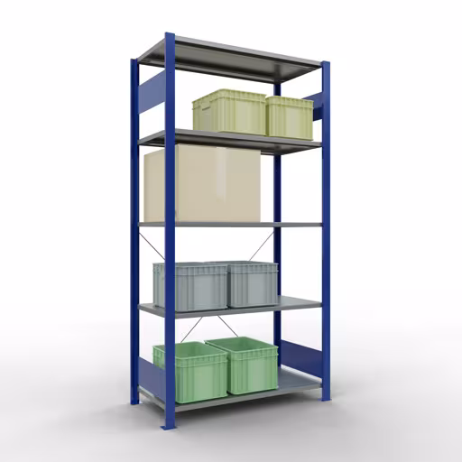 Grundregal, Fachbodenregal Stecksystem MULTIplus150, 2000 x 1000 x 500 mm (HxBxT), 5 Fachböden, Kreuzstrebe, RAL 5010/verzinkt mit der Artikelnr. 12650-B Grundregal, Fachbodenregal Stecksystem MULTIplus150, 2000 x 1000 x 500 mm (HxBxT), 5 Fachböden, Kreuzstrebe, RAL 5010/verzinkt von Schulte Lagertechnik aus der Kategorie Stecksystem