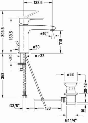 Technische Zeichnung 4039070 Duravit B.1 Einhebel-Waschtischmischer M mit Zugstange, Chrom Hansgrohe