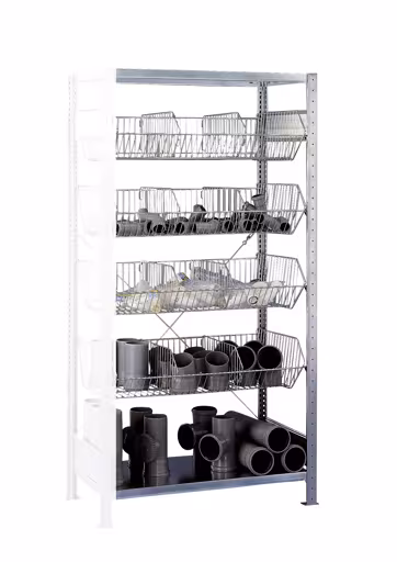 Anbauregal, Drahtgitterkorbregal MULTIplus150, 2000 x 1000 x 500 mm (HxBxT), verzinkt, 2 Fachböden, 4 Stück Drahtgitterkörbe aus der Kategorie Kleinteilelagerung mit der Artikelnummer 13673