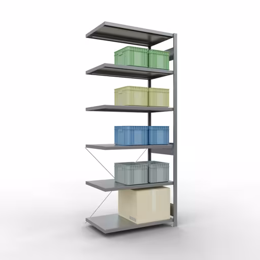 Produktbild Nr 13 des Artikels Anbauregal, Fachbodenregal Stecksystem MULTIplus330, 2500 x 1000 x 600 mm (HxBxT), 6 Fachböden, Kreuzstrebe, verzinkt Abbildung Nr 13 des Artikels Anbauregal, Fachbodenregal Stecksystem MULTIplus330, 2500 x 1000 x 600 mm (HxBxT), 6 Fachböden, Kreuzstrebe, verzinkt aus der Produktgruppe Stecksystem von der Marke Schulte Lagertechnik