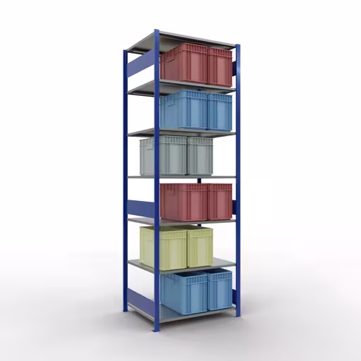 Andere Ansicht des Artikels Grundregal, Fachbodenregal Stecksystem MULTIplus150, 3000 x 1000 x 800 mm (HxBxT), 7 Fachböden, Längenriegel, RAL 5010 enzianblau/verzinkt aus der Kategorie Grundregal