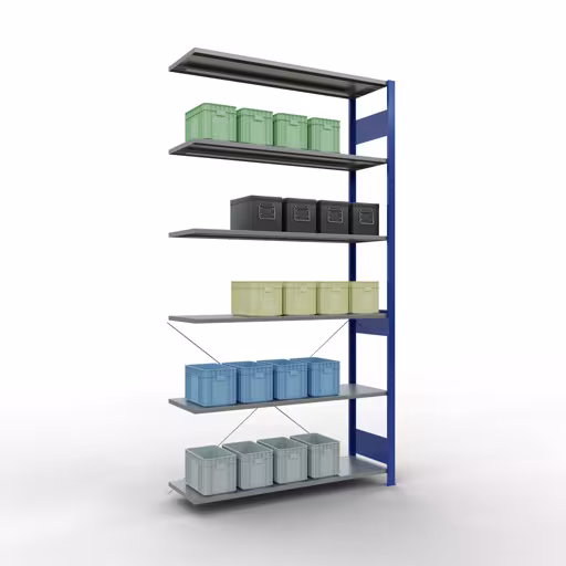 Andere Ansicht des Artikels Anbauregal, Fachbodenregal Stecksystem MULTIplus150, 2500 x 1300 x 400 mm (HxBxT), 6 Fachböden, Kreuzstrebe, RAL 5010 enzianblau/verzinkt Andere Ansicht des Artikels Anbauregal, Fachbodenregal Stecksystem MULTIplus150, 2500 x 1300 x 400 mm (HxBxT), 6 Fachböden, Kreuzstrebe, RAL 5010 enzianblau/verzinkt aus der Kategorie Stecksystem